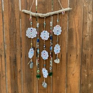 Driftwood Crochet Boho Flowers Of Life Glass Beads Sea Rocks Window Wall Decor
